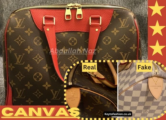 How to Authenticate a Louis Vuitton Hand Bag 2 A Louis Vuitton handbag with the classic monogram canvas and red leather accents is shown next to close-ups comparing a "Real" and "Fake" version of the bag's zipper and tag.