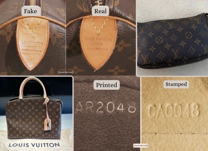 How to Authenticate a Louis Vuitton Hand Bag 5 The image is a collage of five panels. The top left shows a "Fake" Louis Vuitton tag with uneven stitching and a slightly different font for "LOUIS VUITTON PARIS made in France." The top center shows a "Real" tag with neat stitching and the correct font. The top right displays a general view of a Louis Vuitton handbag. The bottom left shows a full view of a Louis Vuitton bag with handles and a tag. The bottom center shows a "Printed" date code "AR2048" inside a bag. The bottom right shows a "Stamped" date code "CA0048" embossed into the material of a bag.