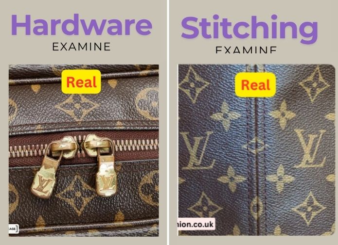 How to Authenticate a Louis Vuitton Hand Bag 3 The image is split into two sections. The left section, under the heading "Hardware EXAMINE," shows a close-up of two gold-toned zipper pulls on a Louis Vuitton bag. Each pull is engraved with the LV logo. A yellow sticker reads "Real." The right section, under the heading "Stitching EXAMINE," displays a close-up of the stitching on a Louis Vuitton bag, showing a straight, even line of thread along a seam in the monogram canvas. A yellow sticker reads "Real."