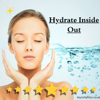 Winter Skincare Secrets 10 Ways to Keep Your Skin Smooth and Hydrated 2 A woman touching her face with closed eyes, water splashing in the background, and the text 'Hydrate Inside Out' with decorative stars below.