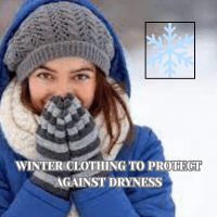 Winter Skincare Secrets 10 Ways to Keep Your Skin Smooth and Hydrated 9 A person with medium-length brown hair smiles, wearing a blue hooded jacket, a gray knit hat, and gray and white striped mittens. A light blue snowflake graphic is superimposed on the blurred background. The text "WINTER CLOTHING TO PROTECT AGAINST DRYNESS" is at the bottom of the image.