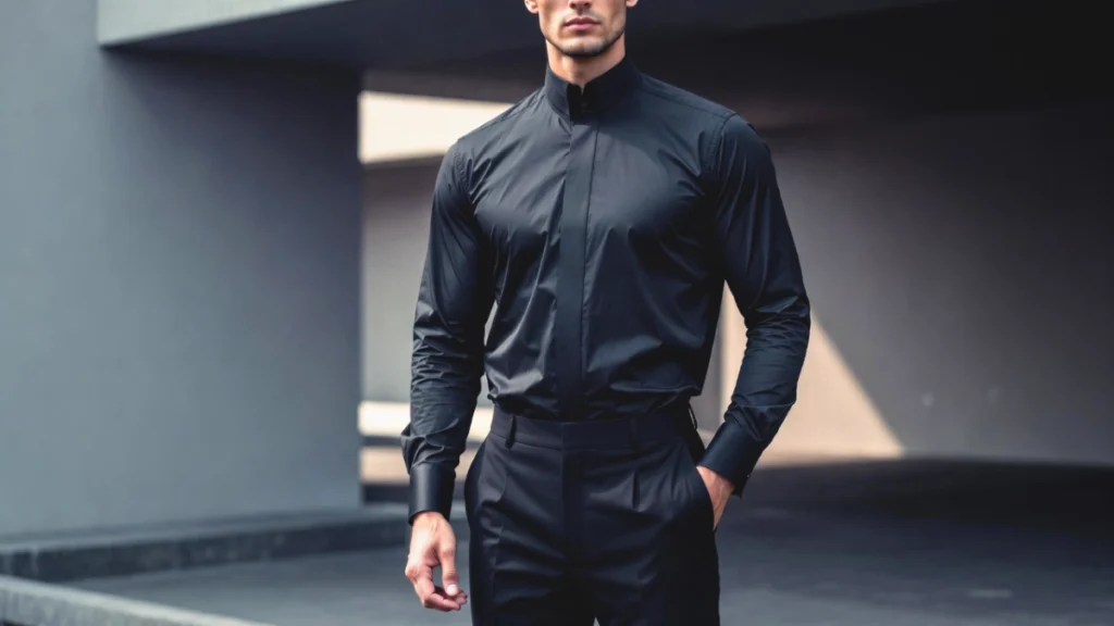 A mature man wearing a black button-down shirt tucked into black trousers with black loafers, demonstrating a timeless men's black fashion style.