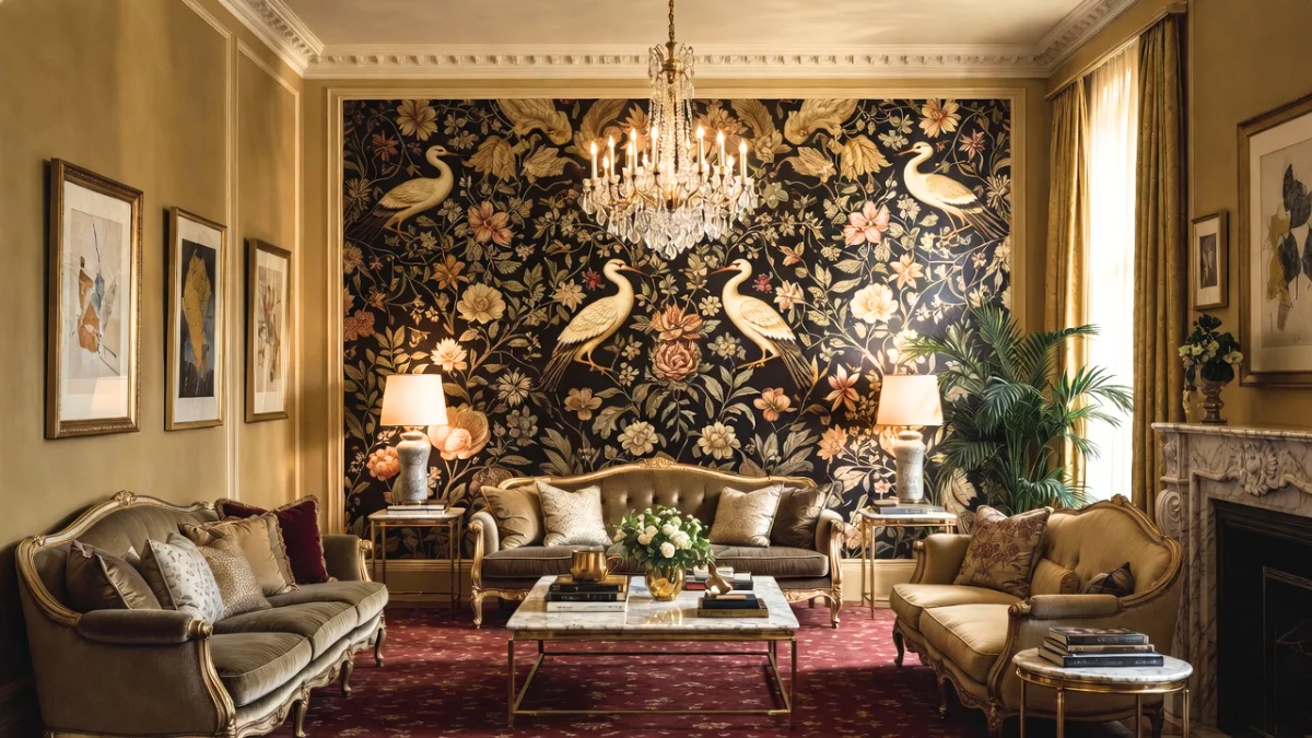 A luxurious maximalist living room featuring a bold dark floral accent wall with white crane motifs, gold velvet sofas, a crystal chandelier, and a marble coffee table on a deep red patterned rug.