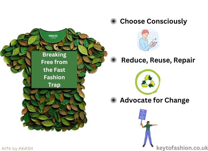 The Revolutionary Strength of Sustainable Fashion Its Importance 3 Green leaf t-shirt with 'Breaking Free from Sustainable Fashion' and three points: 'Choose Consciously,' 'Reduce, Reuse, Repair,' 'Advocate for Change.' Website at bottom.