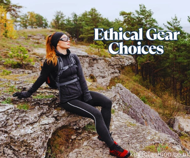 The Best Outdoor Brands Like Patagonia Ethical Sustainable and Adventure-Ready 3 A woman in athletic wear, including black leggings, a black top, and a black backpack, sits on a rocky outcrop looking into the distance. She is wearing glasses and a headband, and her red hair is in a ponytail. The background is a forest with tall trees and a cloudy sky. The text "Ethical Gear Choices" is overlaid on the image in white and blue font. outdoor brand.