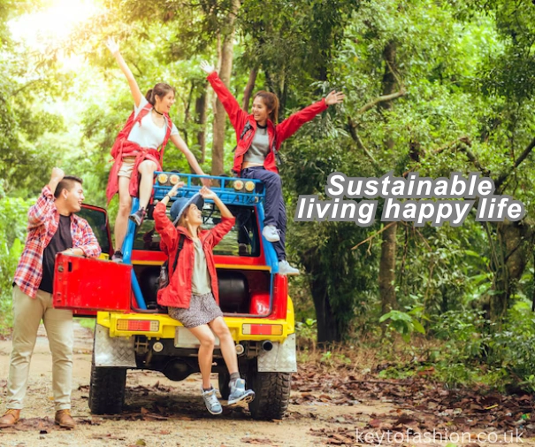 The Best Outdoor Brands Like Patagonia Ethical Sustainable and Adventure-Ready 4 Three joyful young women and one man, all dressed in casual outdoor clothing, are gathered around a colorful off-road vehicle on a dirt path surrounded by lush green trees. Two women are standing on the back of the vehicle with their arms raised in excitement, while another woman sits on the back with her arms also raised. The man stands beside the vehicle, looking towards them with a smile. The text "Sustainable living happy life" is overlaid on the right side of the image.