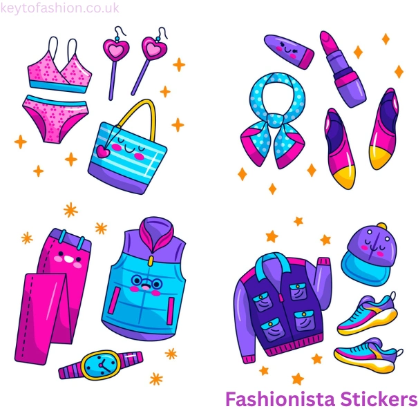 Love Your Style with Icon Fashionista Stickers 4 A collection of colorful, cartoon-style Fashionista Stickers depicting various fashion items is displayed against a white background. In the top left, there's a pink bra and underwear set, heart-shaped earrings, and a blue and purple striped tote bag with a smiling face. In the top right, a blue and pink polka-dotted scarf, purple lipstick and lipstick tube, and two purple and pink high heels are shown. The bottom left features pink and purple pants, a blue and purple vest with a smiling face, and a gold and purple watch. The bottom right displays a purple and blue jacket, a blue and purple cap with a smiling face, and two brightly colored sneakers. The top left corner has the text 'keytofashion.co.uk' and the bottom right has 'Fashionista Stickers'.