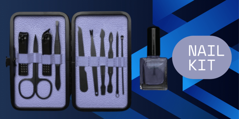 Spark Your Flair Stunning Nail Kits You Need Today 4 A purple manicure set opened to reveal various nail care tools alongside a bottle of dark nail polish, all against a geometric blue background with the text "NAIL KIT".