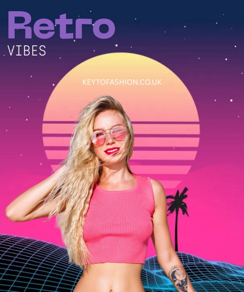 Love Your Style with Icon Fashionista Stickers 5 A blonde woman with pink sunglasses and a pink crop top smiles at the viewer. She stands against a backdrop of a sunset with horizontal stripes in pink and purple, and a grid-like ground in blue. The top left corner of the image says "Retro VIBES" and in the center, "KEYTOFASHION.CO.UK". A palm tree silhouette is visible on the right.