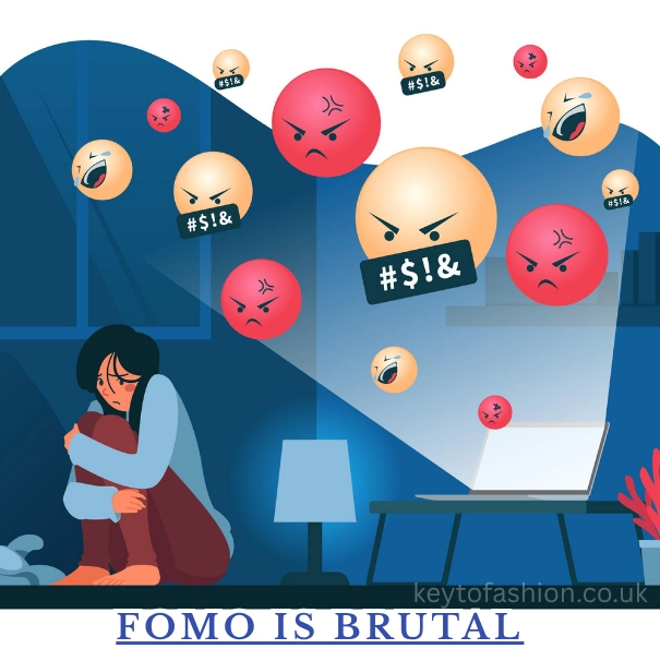 Fast Fashion: Why We Love It, Hate It, and How to Break the Cycle 4 An illustration depicting a sad, hunched-over woman on the left, looking distressed. On the right side of the image, there's a laptop on a desk, and numerous angry and yelling emoji faces, some with symbols like '#$!&', are floating around, suggesting online negativity. The text "FOMO IS BRUTAL" is at the bottom of the image.