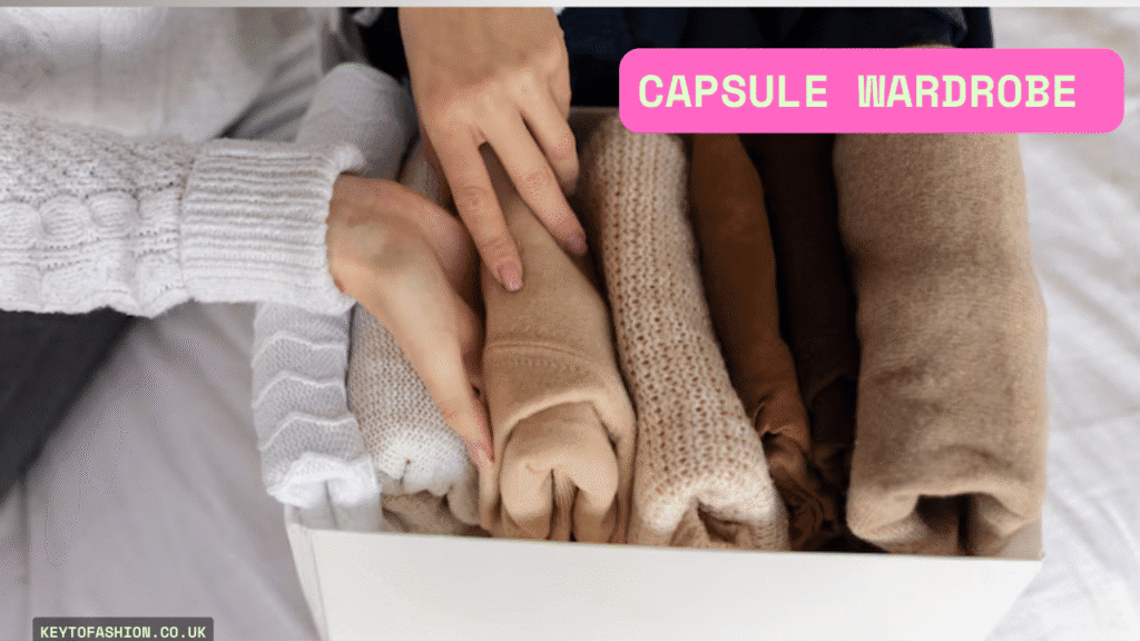 How to Build a Capsule Wardrobe That Works Without Losing Your Mind 1 Close-up of fair-skinned hands neatly organizing rolled neutral-toned sweaters in a white drawer, suggesting a Capsule Wardrobe system.