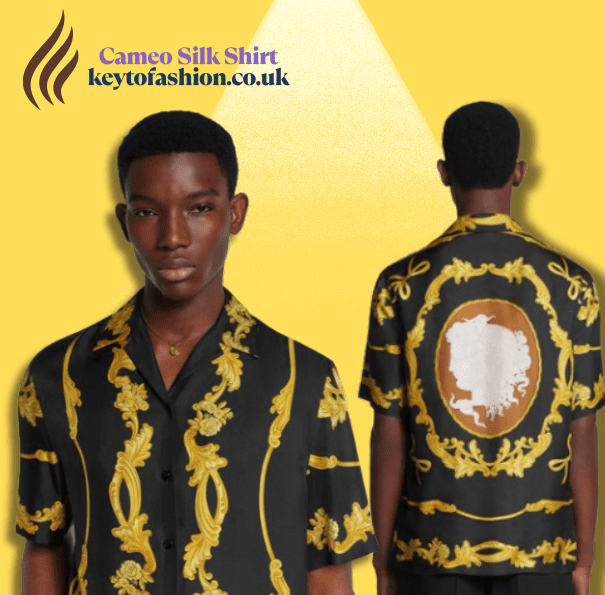 Why You’ll Love a Cameo Silk Shirt 2 A stylish black silk shirt with intricate yellow ornamental patterns, featuring a front view of a person wearing it and a back view showing a detailed cameo design. The shirt is branded with "Cameo Silk Shirt" and "keytofashion.co.uk" in the top left corner, set against a bright yellow background with a subtle spotlight effect.