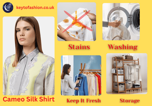 Why You’ll Love a Cameo Silk Shirt 3 A promotional image with a yellow background is divided into six sections, each featuring a different aspect of clothing care. The top left section shows a woman wearing a "Cameo Silk Shirt," described as a "Pucci silk blouse" in the metadata. The top middle section, labeled "Stains," shows a hand holding a white fabric with an orange stain, crossed out with a red 'X'. The top right section, labeled "Washing," shows hands placing clothes into a washing machine. The bottom left section, labeled "Keep It Fresh," shows a person steaming clothes on a rack. The bottom right section, labeled "Storage," displays a wooden clothing rack with neatly folded clothes and storage baskets. The top left corner of the image has the website "keytofashion.co.uk" and a logo that looks like an abstract 'C' or 'G' with a circle.