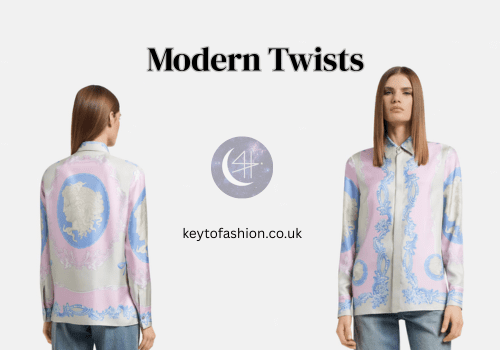 Why You’ll Love a Cameo Silk Shirt 5 A full-body shot shows a woman wearing a light pink and blue patterned long-sleeved shirt with an intricate design, seen from both the front and the back. The background is a plain light gray. Above the woman is the text "Modern Twists" in black. In the center is a circular logo with a crescent moon and stars, and below it, the website "keytofashion.co.uk" is displayed.