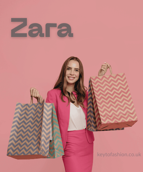 Fast Fashion: Why We Love It, Hate It, and How to Break the Cycle 2 A smiling woman wearing a pink suit holds several Zara shopping bags against a pink background. The bags have a chevron pattern in shades of blue, beige, and red. The Zara logo is visible in the top left corner of the image. The website "keytofashion.co.uk" is subtly displayed in the bottom right corner.