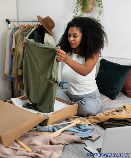How to Build a Capsule Wardrobe That Works Without Losing Your Mind 3 A smiling Black woman with curly hair is sitting on her bed, pulling a folded green t-shirt out of a large cardboard delivery box. Clothing, hangers, and a laptop are scattered around her on the bed, and a clothes rack with various garments is visible in the background.