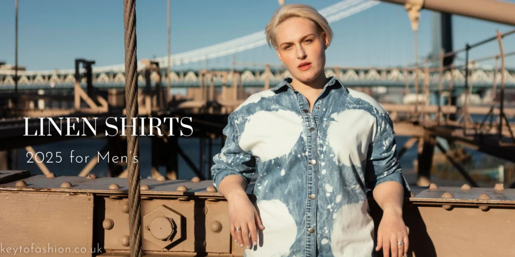 How to Style Linen Shirts for Men in 2025 1 A stylish man with short, platinum blonde hair and a confident expression leans on a metal bridge railing. He is wearing a long-sleeved, button-down denim shirt with a unique bleach-splatter pattern. In the background, the suspension cables and structure of a large bridge are visible against a clear blue sky. Text on the image reads "LINEN SHIRTS 2025 for Men's" and "keytofashion.co.uk".