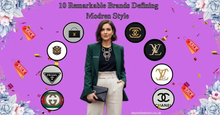 10 Remarkable Brands Like Idioma Every Style Enthusiast Will Fall in Love With in 2025 8 A stylish woman wearing a dark green blazer is centered in the image, surrounded by logos of luxury fashion brands such as Chanel, Louis Vuitton, Prada, and Gucci.