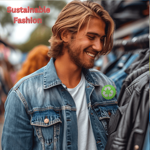 Why Men’s Summer 2025 Fashion Is Your New Obsession 4 A smiling man with long hair wearing a denim jacket over a white t-shirt, looking at clothes on a rack, with a green recycling symbol badge on his jacket. men's fashion
