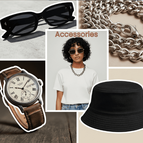 Why Men’s Summer 2025 Fashion Is Your New Obsession 7 A collage showcasing various "Accessories," including sunglasses, a silver chain, a vintage watch, a bucket hat, and a central image of a person wearing some of these items.