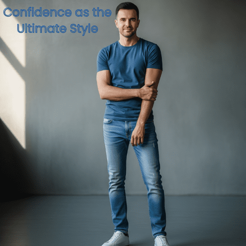 Why Men’s Summer 2025 Fashion Is Your New Obsession 10 A man in a blue t-shirt, jeans, and white sneakers confidently posing against a gray wall with sunlight. men's fashion