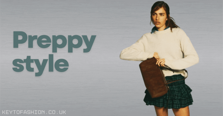 Effortless New Prep Style You’ll Love to Wear 6 A model in a preppy style outfit featuring a white knit sweater layered over a collared shirt, a green plaid pleated mini skirt, and a structured brown leather handbag. KeyToFashion.co.uk.