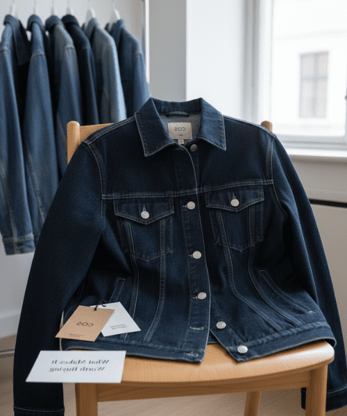 How to Wear the COS Oversized Denim Jacket Like a Pro in 2026 2 A dark wash denim jacket by COS, with silver buttons and two chest pockets, is draped over a light wooden chair. Several other denim jackets hang on a rack in the blurred background. A white tag and a small white card with reversed text are near the bottom of the jacket.