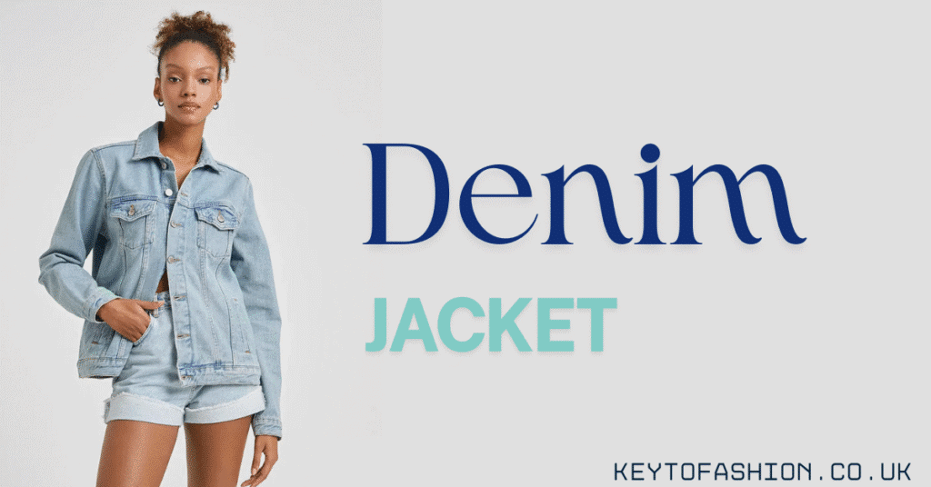 Stylish woman posing in a classic light blue denim jacket and high-waisted denim shorts