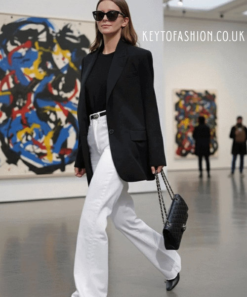 How to Style Flare Jeans in 2026 Like a Fashion Pro 4 A stylish woman wearing an oversized black blazer, black top, and high-waisted white wide-leg jeans, accessorized with a black quilted chain handbag, black belt, and sunglasses, walking through an art gallery.