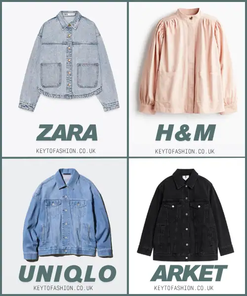 How to Wear the COS Oversized Denim Jacket Like a Pro in 2026 5 A comparison of four casual jackets from popular brands: an oversized cropped denim jacket (Zara), a pale pink collarless blouse-style jacket (H&M), a standard fit light blue denim jacket (Uniqlo), and a black oversized denim jacket (Arket).