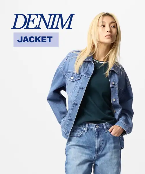 How to Wear the COS Oversized Denim Jacket Like a Pro in 2026 3
A fashion advertisement featuring a young woman with blonde hair wearing a light-to-medium wash denim jacket and matching denim jeans. She is also wearing a dark green t-shirt underneath the jacket. The text "DENIM JACKET" is overlaid on the image, with "DENIM" in large, dark blue serif font and "JACKET" in a smaller, white sans-serif font inside a light blue rectangular box. The background is solid white.
