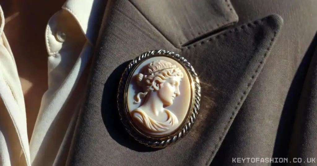 A close-up of a vintage shell cameo brooch with a profile of a woman pinned to the lapel of a tailored brown business blazer and white blouse.