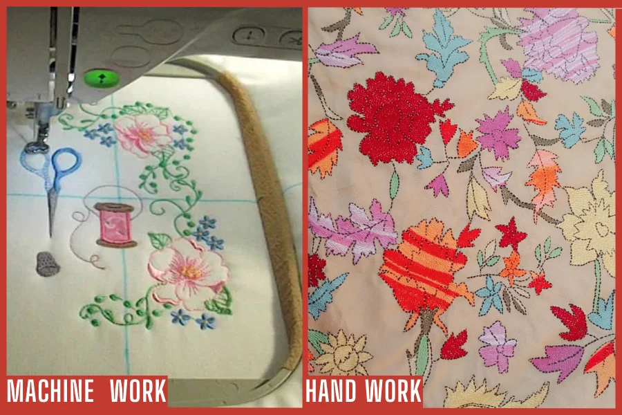 Why High-Quality Hand Embroidery Is Your Best Investment 2 Clear comparison showing the difference between Hand Embroidered Style (Kashmiri Aari work) and uniform machine embroidery being done on a commercial sewing machine.
