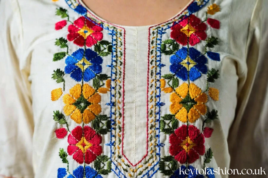 Why High-Quality Hand Embroidery Is Your Best Investment 4 Close-up of traditional, vibrant hand embroidered style featuring red, yellow, and blue floral patterns on the neckline of a white cotton shirt.