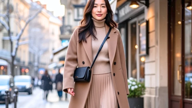 How to Wear a Lace Maxi Skirt in Winter and Stay Warm in 2026 2 Elegant woman wearing a camel wool coat and a neutral-toned maxi skirt in a winter street setting.
