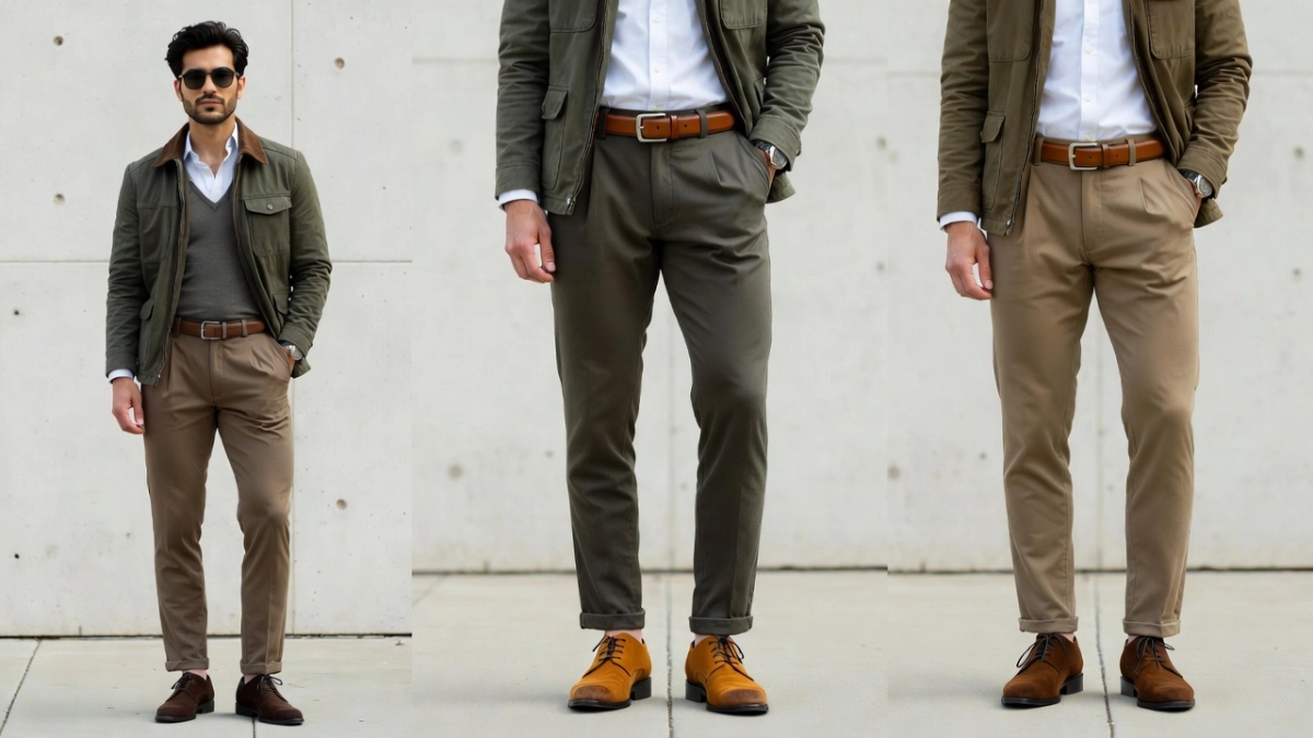 Stylish men's smart-casual outfit: green utility jacket, brown Belts, chinos, leather shoes