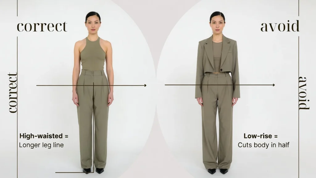 Beyond the Beach: Your Complete Guide to Layering Halter Tops Year-Round 3 A fashion styling comparison for halter tops. The "correct" side shows an olive green halter top paired with high-waisted trousers for a longer leg line, while the "avoid" side shows how low-rise bottoms can visually cut the body in half.
