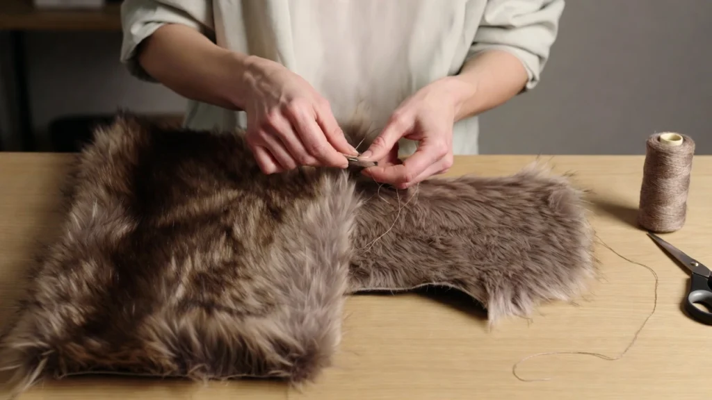 The DIY Guide to Crafting Custom Faux Fur: From Acrylic Yarn to Runway Chic 1 A close-up of a person hand-sewing a piece of handmade brown faux fur on a wooden table with thread and scissors nearby.