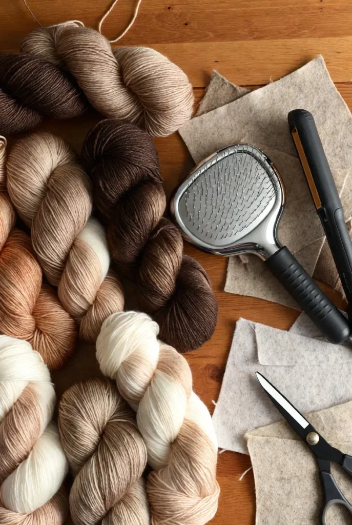 The DIY Guide to Crafting Custom Faux Fur: From Acrylic Yarn to Runway Chic 2 Close-up of hands using a needle and thread to sew thick brown handmade faux fur on a wooden workspace.