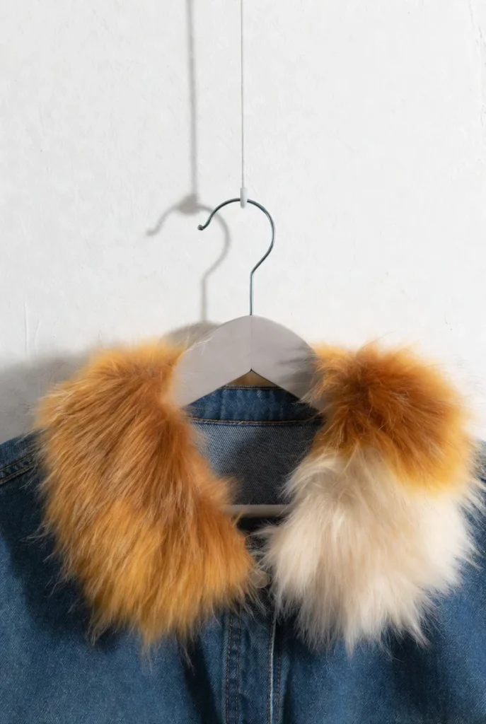 The DIY Guide to Crafting Custom Faux Fur: From Acrylic Yarn to Runway Chic 3 Close-up of hands using a needle and thread to sew a large piece of handmade brown and grey faux fur on a wooden table.