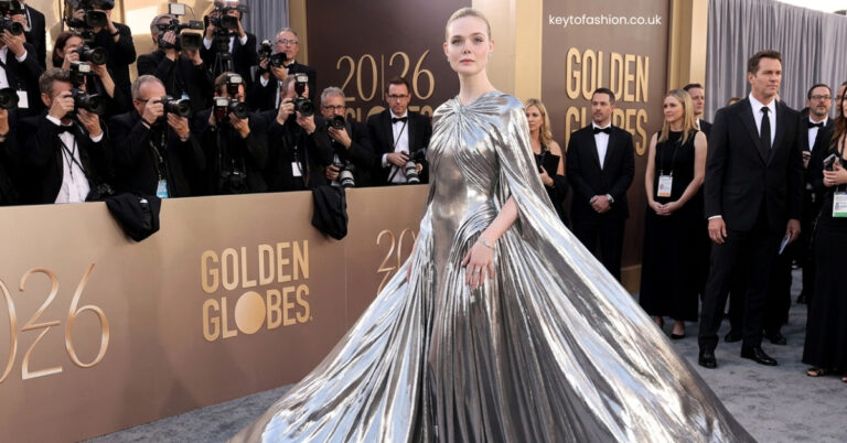 Beyond the Glow Why Luminous Silver Metallics Are the Effortless New Neutral for a Futuristic Spring 2026 1 Elle Fanning attends the 2026 Golden Globes wearing a liquid metallic silver gown with a dramatic cape sleeve and pleated skirt. She is posing on the red carpet with a backdrop featuring the 'Golden Globes' logo and '2026'. The background shows numerous photographers, highlighting the fashion buzz.