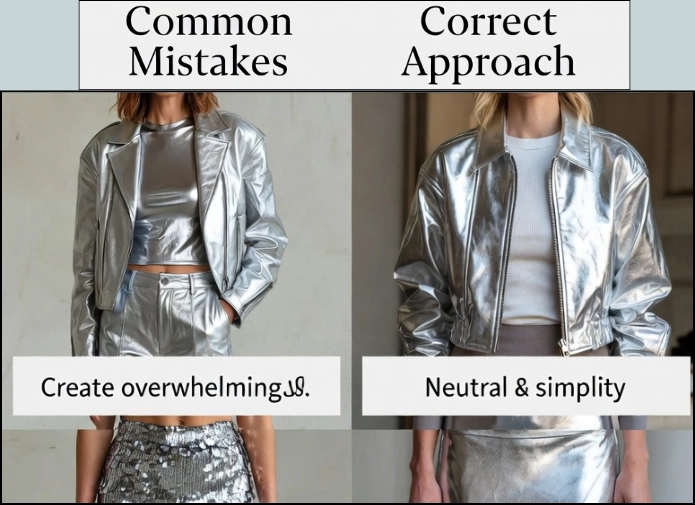 Beyond the Glow Why Luminous Silver Metallics Are the Effortless New Neutral for a Futuristic Spring 2026 5 A side-by-side fashion guide titled "Common Mistakes" vs. "Correct Approach." On the left, the "Common Mistakes" example shows a person wearing an overwhelming combination of a silver metallics metallic silver jacket, matching crop top, and silver trousers, labeled "Create overwhelming looks." On the right, the "Correct Approach" shows a more balanced outfit featuring a metallic silver bomber jacket paired with a simple neutral white top and a matching silver skirt, labeled "Neutral & simplicity."