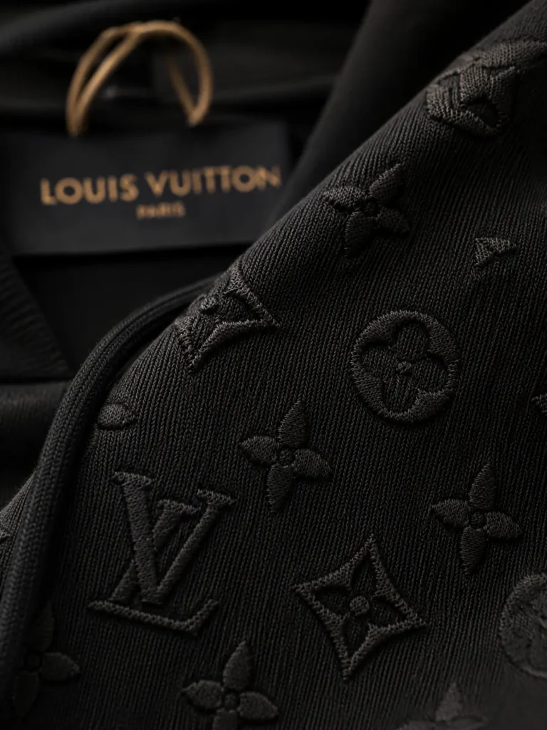 Louis Vuitton Hoodie: Luxury Flex or Fashion Folly? 2 Stylish model wearing a luxury black monogram hoodie in a modern urban setting with cinematic evening lighting. the louis vuitton hoodie is best.