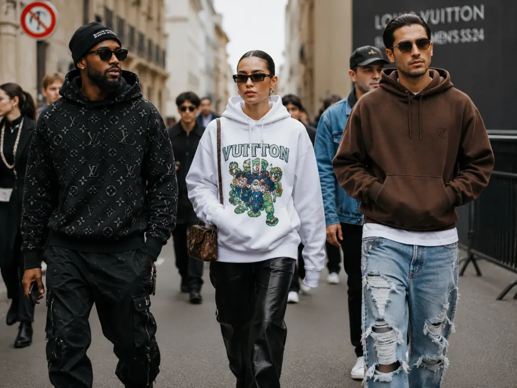 Louis Vuitton Hoodie: Luxury Flex or Fashion Folly? 3 Close-up of premium black hoodie fabric showcasing detailed monogram texture, fine stitching, and luxury craftsmanship.
