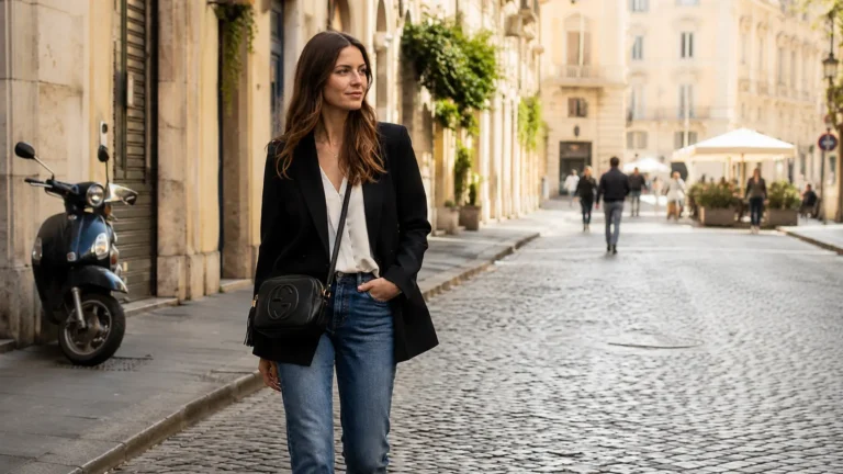 The Gucci Disco Bag: Why It's Still an Icon, Not Just a Trend 3 A fashionable woman wearing a black blazer, white blouse, blue jeans, and loafers walks along a sunlit cobblestone European street carrying a black Gucci Soho Disco crossbody bag with the iconic GG logo and leather tassel.