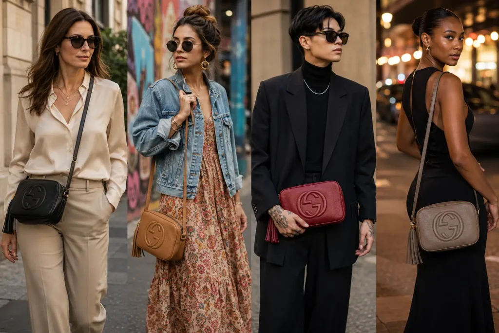 The Gucci Disco Bag: Why It's Still an Icon, Not Just a Trend 3 Street style fashion showing four different ways to style the gucci disco bag in black, tan, and red colors with casual and formal outfits.