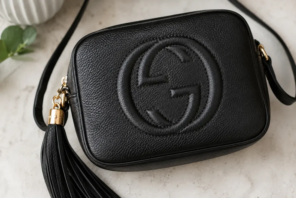 The Gucci Disco Bag: Why It's Still an Icon, Not Just a Trend 2 Close-up of a black pebbled leather gucci disco bag featuring the iconic interlocking GG logo.
