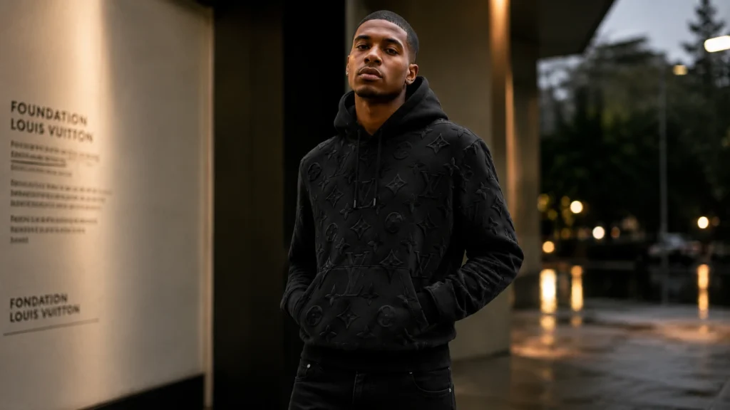 Louis Vuitton Hoodie: Luxury Flex or Fashion Folly? 1 Stylish model wearing a premium black monogram hoodie in a modern urban setting with cinematic evening lighting.