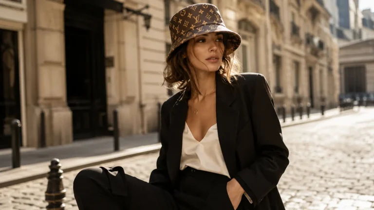 The Crown Jewel of Casual: Why the LV Bucket Hat is More Than Just a Trend 1 Stylish woman wearing a Louis Vuitton monogram bucket hat with a luxury streetwear outfit on a sunlit Paris street.