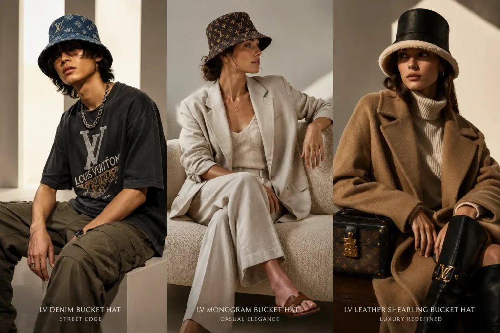The Crown Jewel of Casual: Why the LV Bucket Hat is More Than Just a Trend 3 Three different lv bucket hat styles ranging from casual denim to luxury leather, displayed side-by-side.
Option 3 (SEO-focused): A collection of Louis Vuitton bucket hats, featuring the Monogram Denim, classic Monogram Canvas, and Leather Shearling models to showcase variety in luxury headwear.